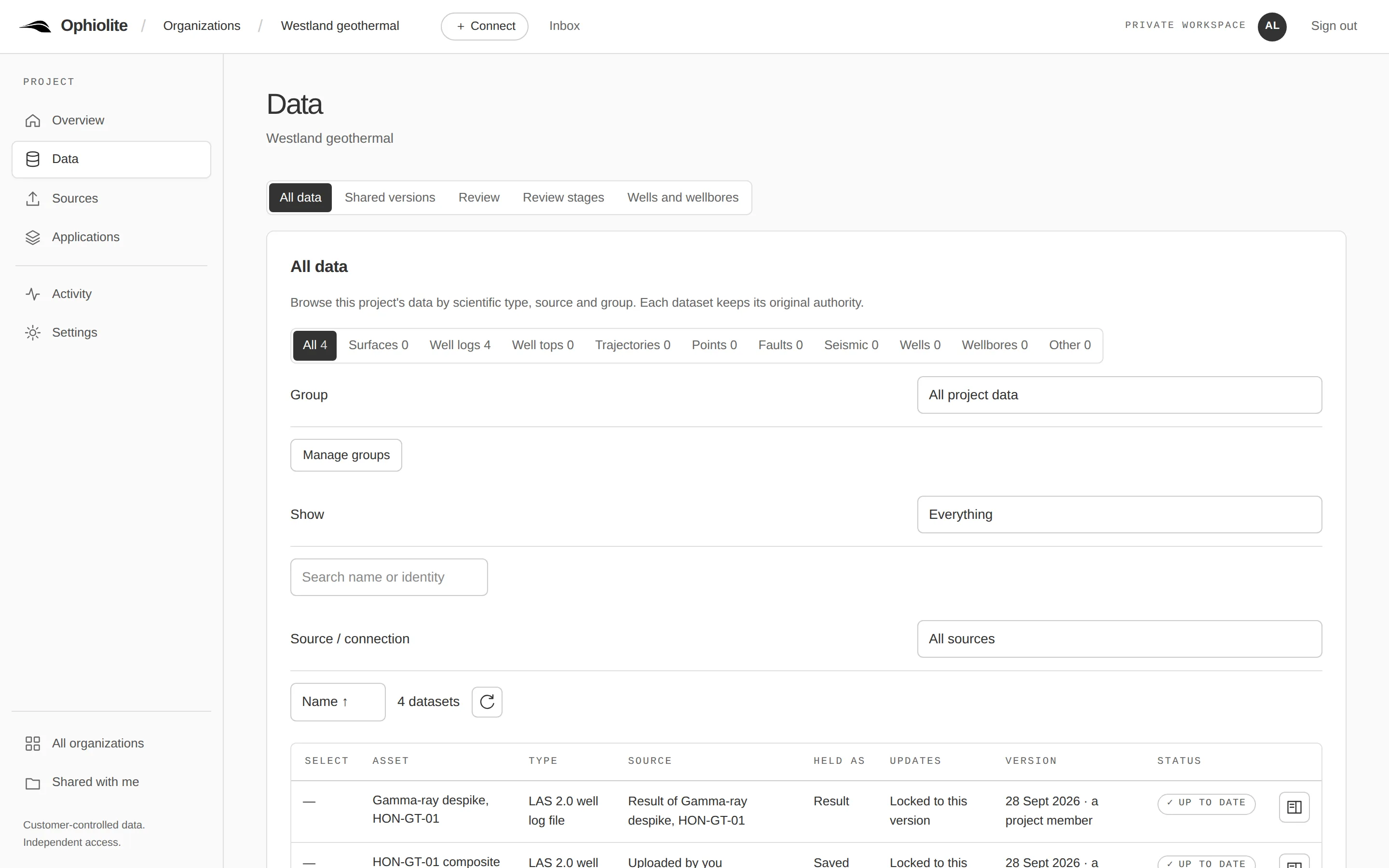 The Data page listing three NLOG composite logs and a published result, each with its source, updates and version.