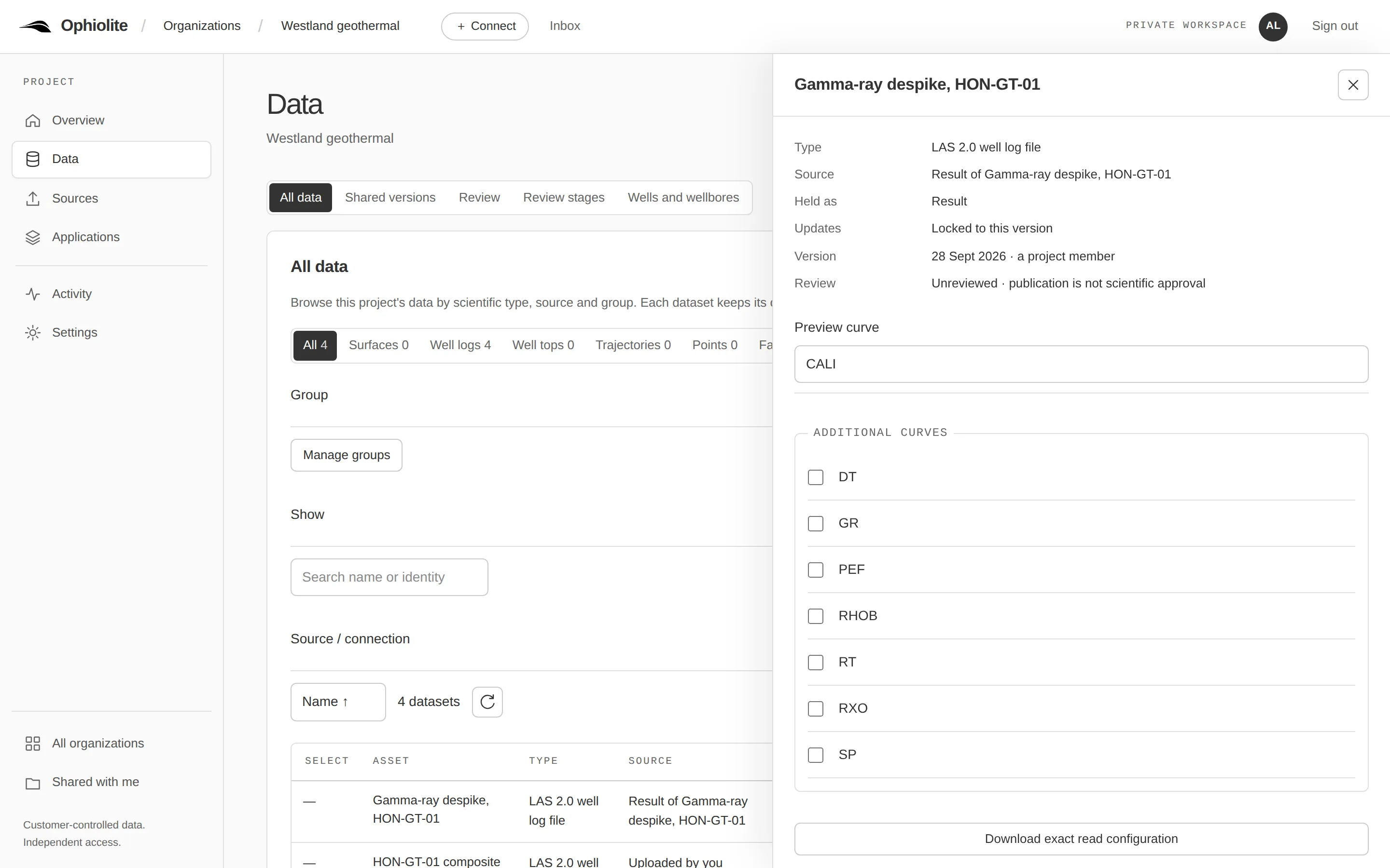 A published result opened beside the data list: its source, that it is held as a result, locked to this version and not yet reviewed.